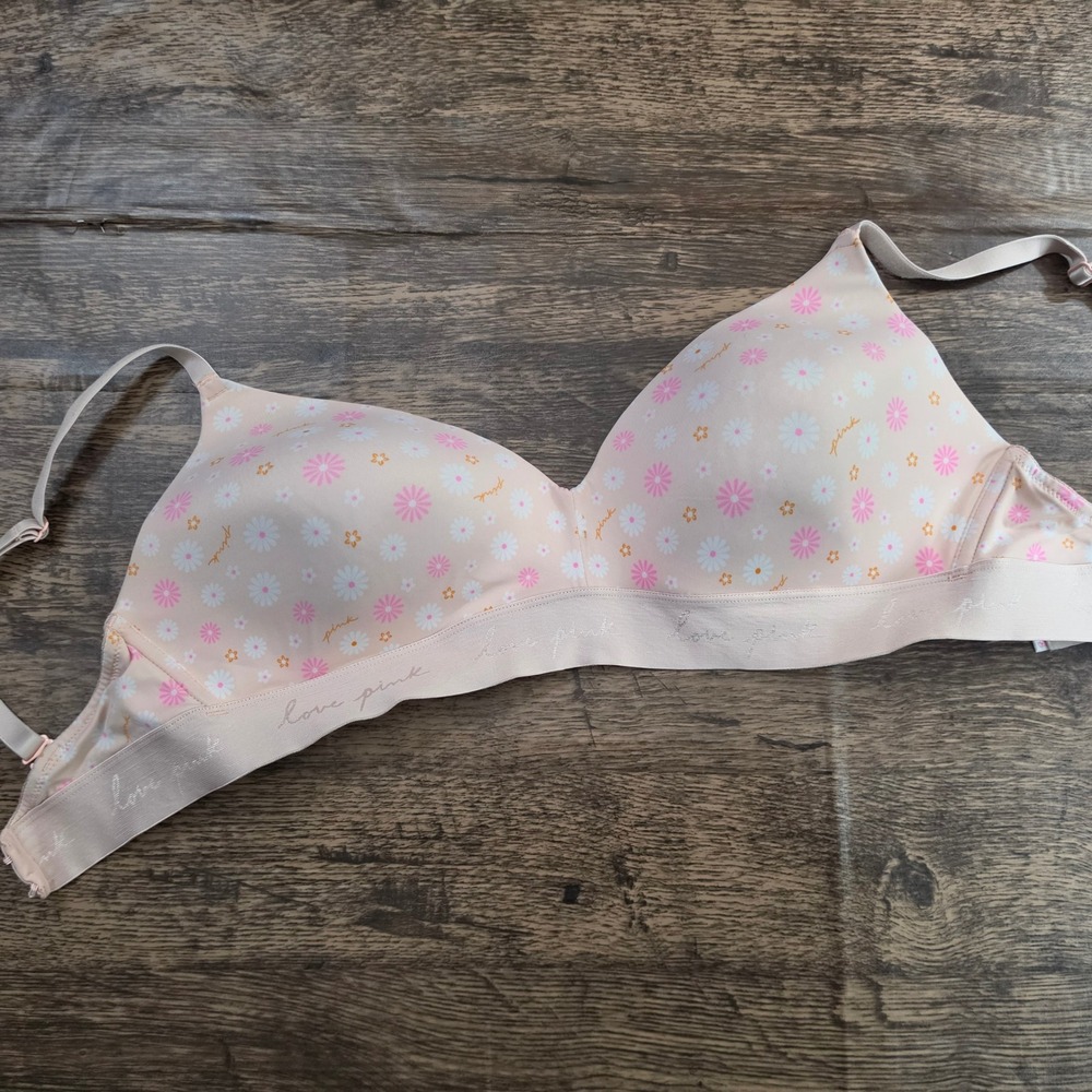 PINK Wireless‎ Bra Womens 34DD Peach Floral Daisy Love Pink Logo Elastic Band